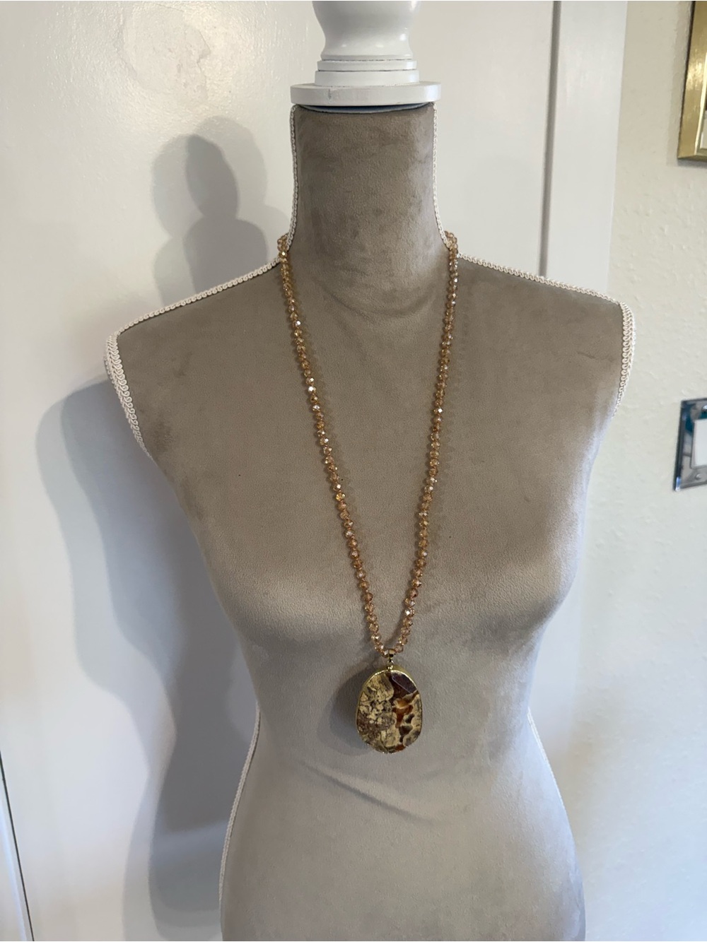 Gold Beaded Long Necklace with Stone Pendant